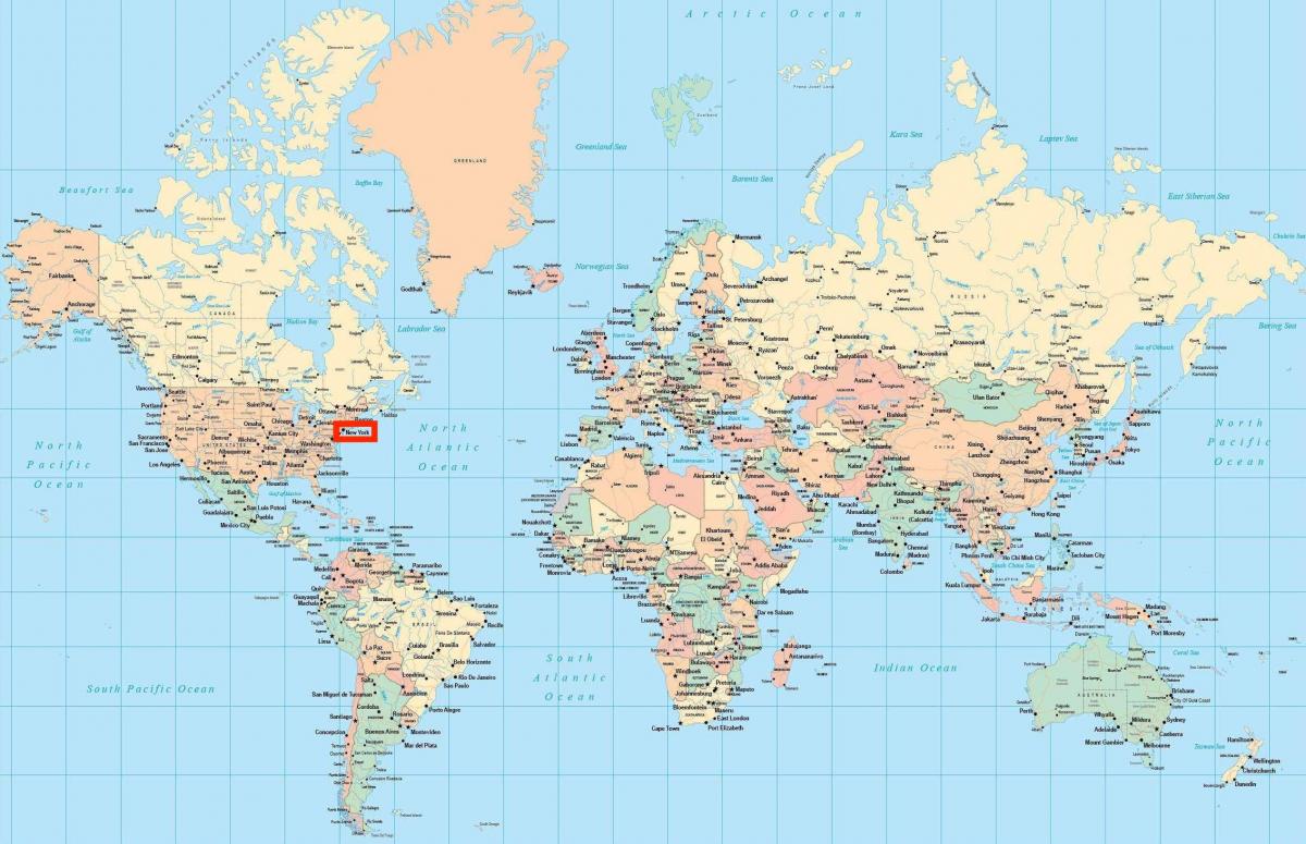 mapa świata pokazująca Nowy Jork